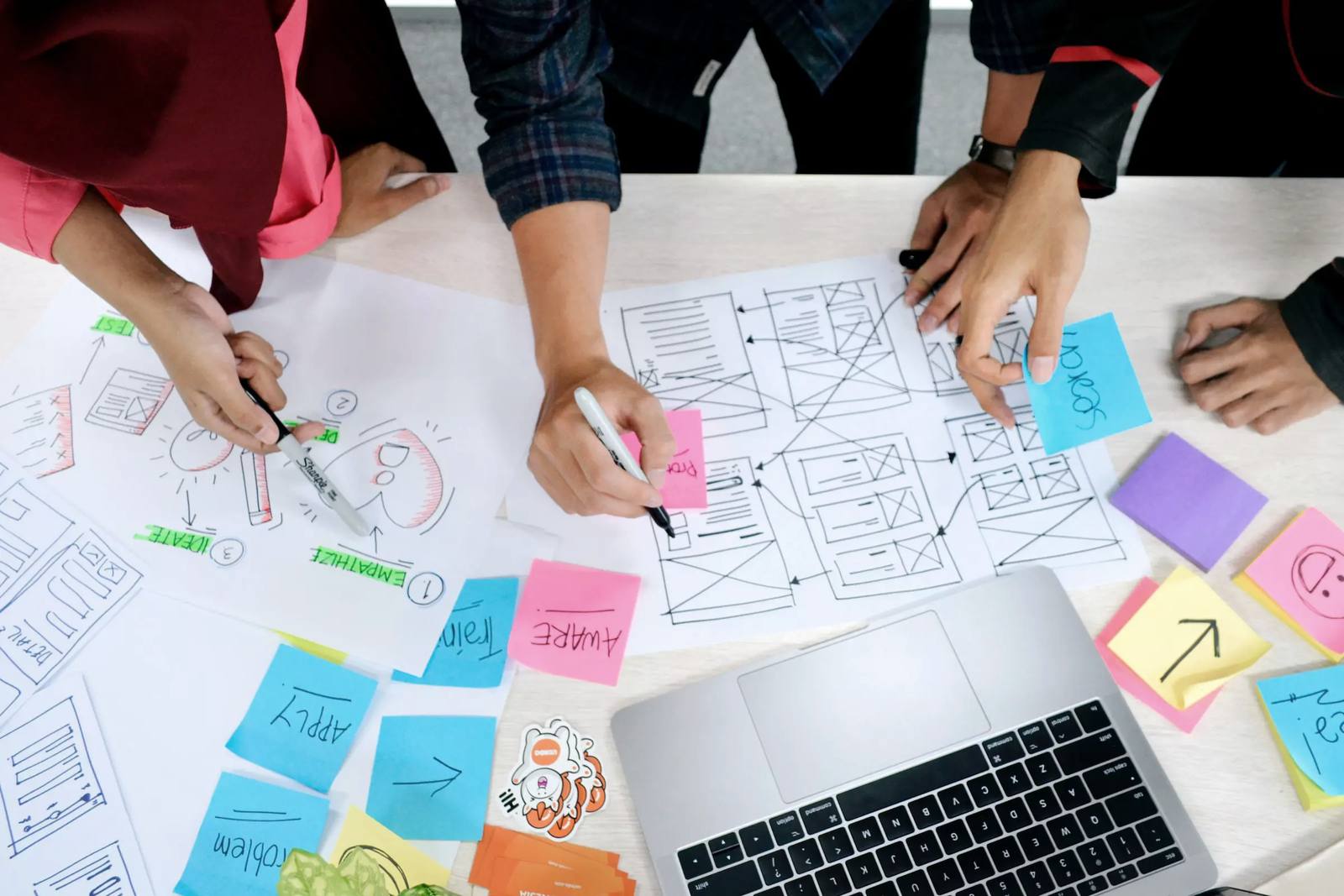 A team mapping a product on paper with markers and sticky notes around a laptop